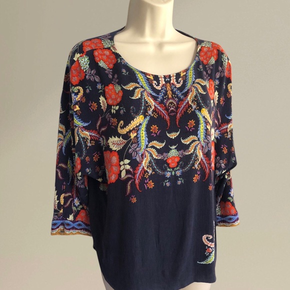 DESIGUAL Bohemian Floral Paisley 3D print Small Top Blouse 3/4 sleeve Black - Picture 13 of 13